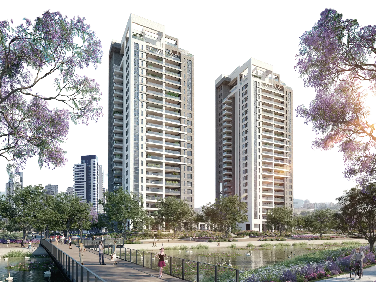 הדמיה של Sea & Park מהטיילת שלצד האגם: שני המגדלים בין עצי סיגלון פורחים, צמחייה, ברבורים ואנשים על הטיילת